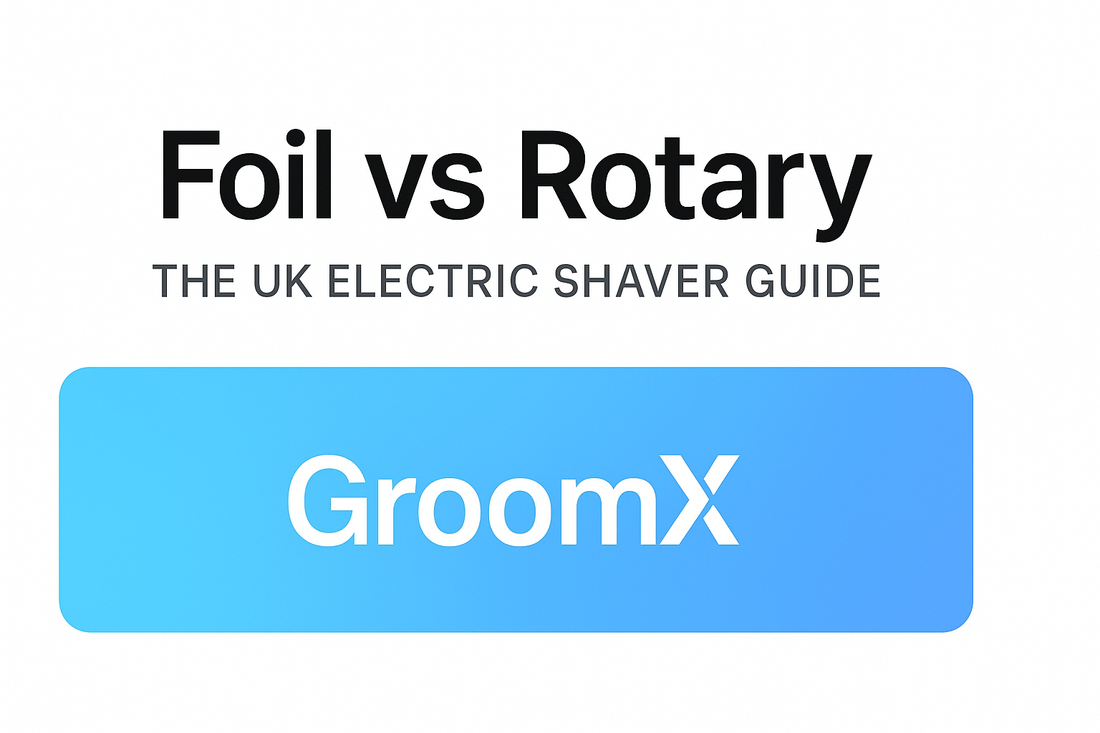 Close-up of a modern GroomX™ waterproof electric shaver on a bathroom counter beside grooming essentials, symbolizing smart grooming for men.