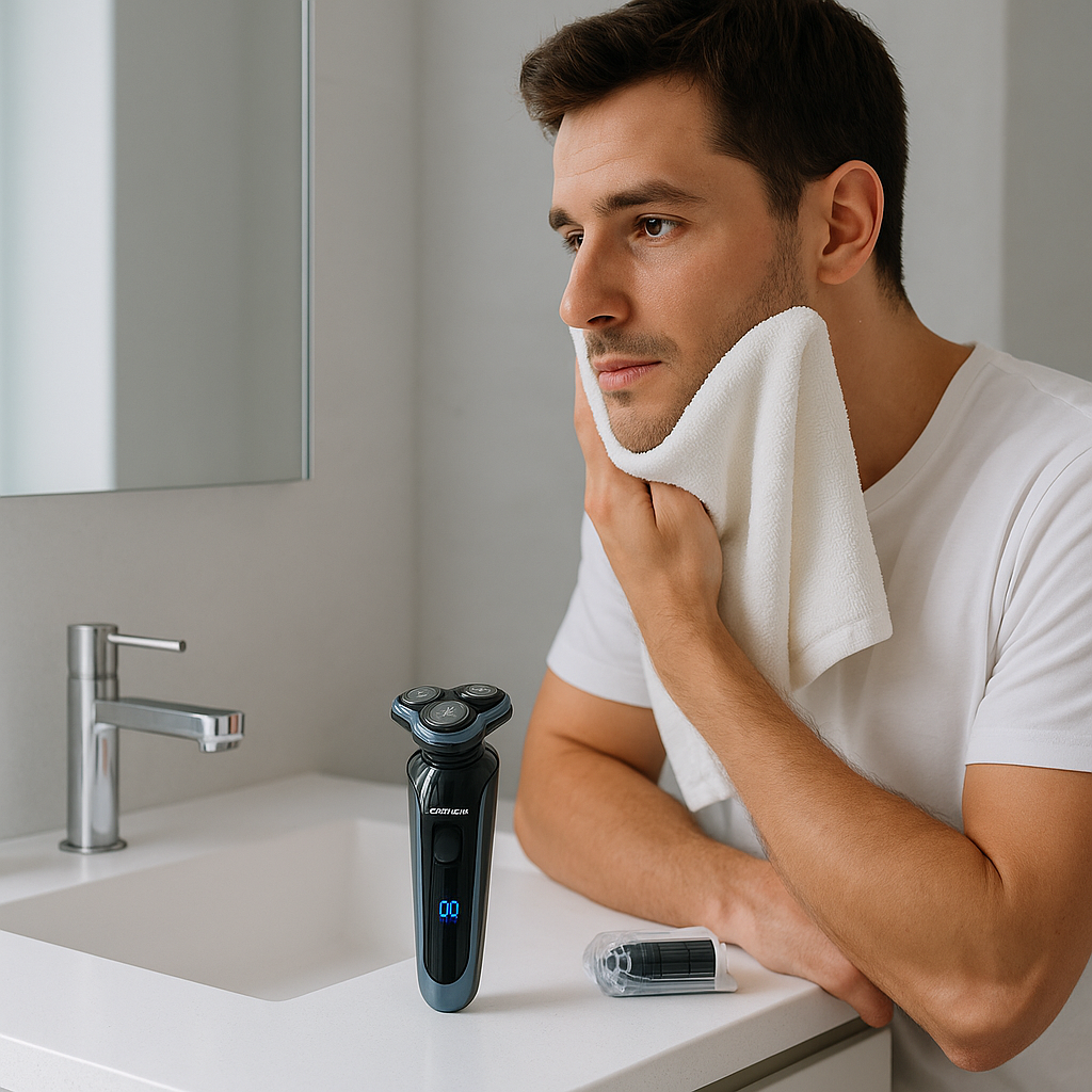 Man preparing for morning shave using GroomX™ digital shaver in a bright modern bathroom.
