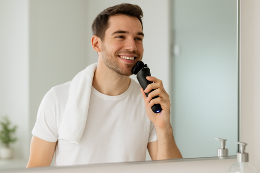 Man finishing his morning shave with the GroomX™ waterproof digital shaver in a bright modern bathroom, white towel on shoulder and blue LED indicator glowing.