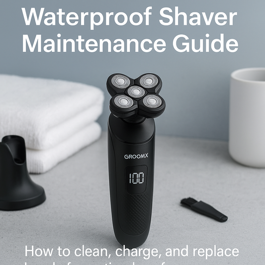Modern digital photograph showing the GroomX™ waterproof shaver and essential cleaning tools arranged neatly on a clean bathroom counter, promoting safe maintenance and care.